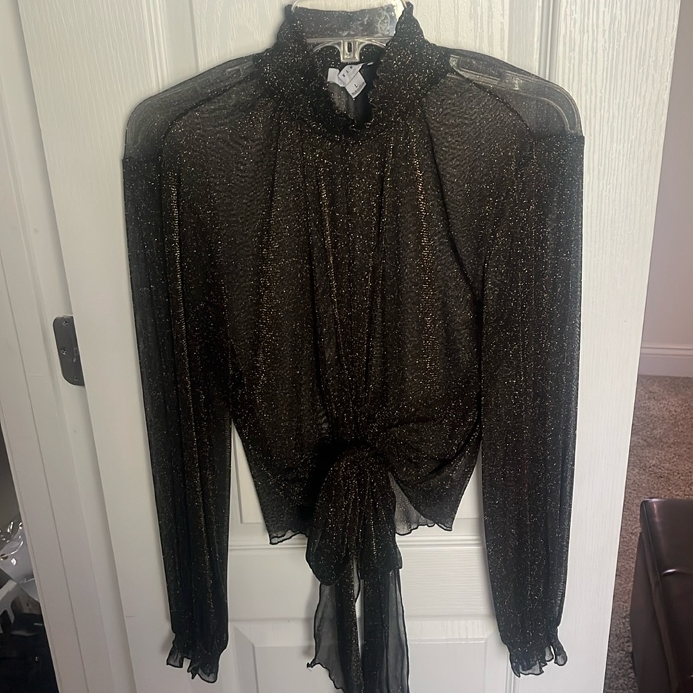 Favlux, gold and black sheer high neck top, tie detailing at the bottom, large